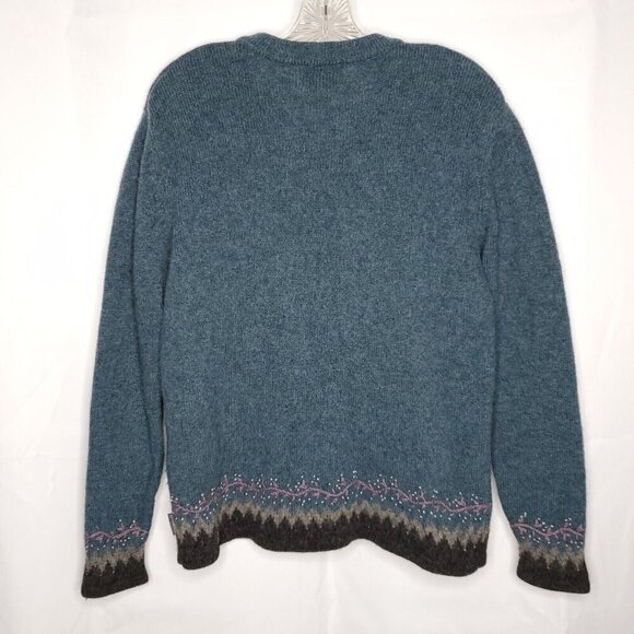 Woolrich Womens Wool V Neck Sweater L Floral Embroidered Teal Blue Gray - Picture 2 of 8